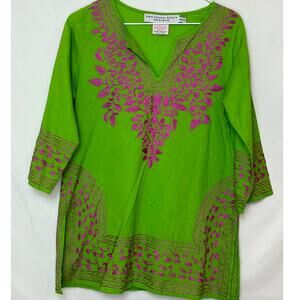 Gretchen Scott Styles Womens S Green Pink Embroidered 3/4-Sleeve Lightweight Top